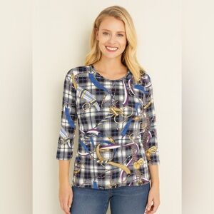 J. McLaughlin Equestrian Plaid Print Signature Tee Size‎ Large